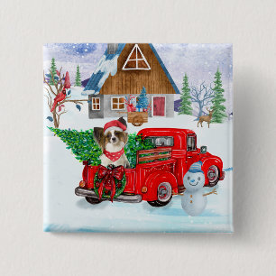 Papillon Dog In Christmas Delivery Truck Snow Button