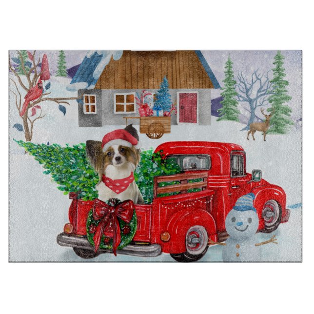Papillon Dog In Christmas Delivery Truck Snow Cutting Board (Front)