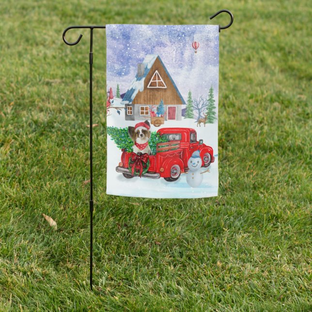 Papillon Dog In Christmas Delivery Truck Snow Garden Flag (In SItu)