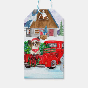 Papillon Dog In Christmas Delivery Truck Snow Gift Tags