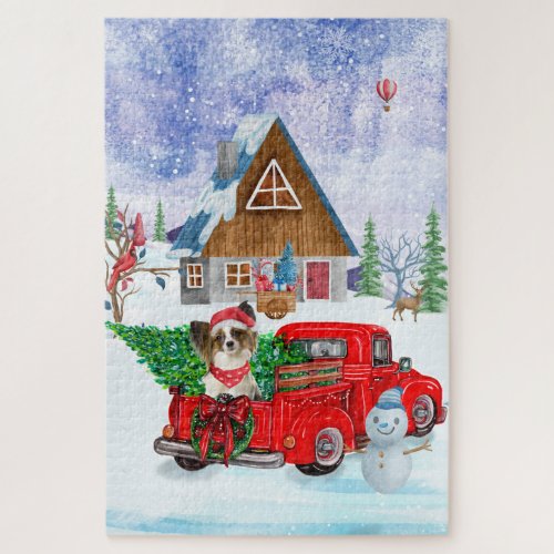 Papillon Dog In Christmas Delivery Truck Snow  Jigsaw Puzzle