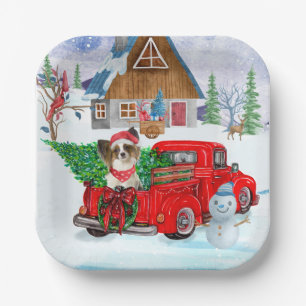 Papillon Dog In Christmas Delivery Truck Snow Paper Plates