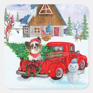 Papillon Dog In Christmas Delivery Truck Snow Square Sticker