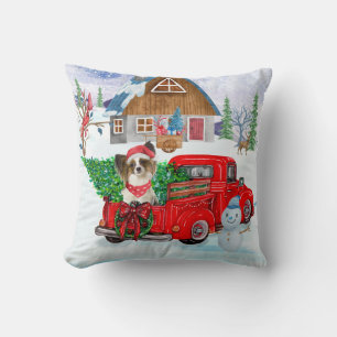 Papillon Dog In Christmas Delivery Truck Snow Throw Pillow