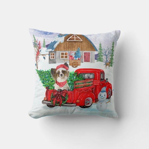 Papillon Dog In Christmas Delivery Truck Snow  Throw Pillow