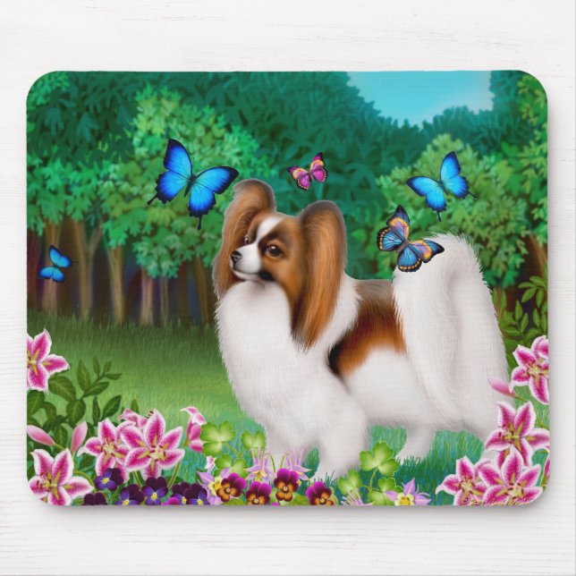 Papillon Dog in Garden Mousepad (Front)