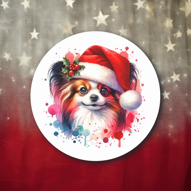 Papillon Dog in Santa Hat Christmas Classic Round Sticker (Creator Uploaded)
