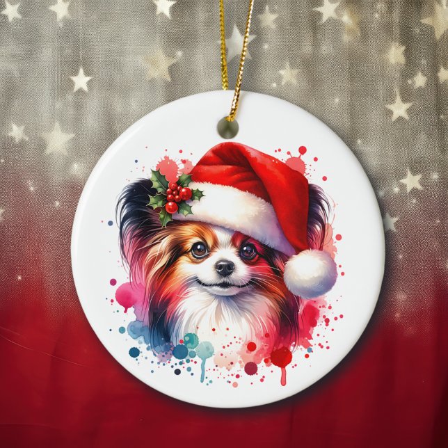 Papillon Dog in Santa Hat Christmas Personalized Ceramic Ornament (Creator Uploaded)
