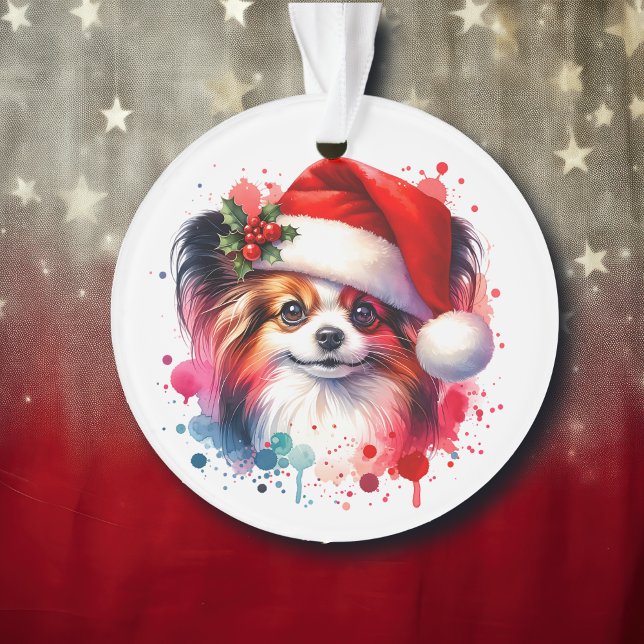 Papillon Dog in Santa Hat Christmas Personalized Ornament (Creator Uploaded)
