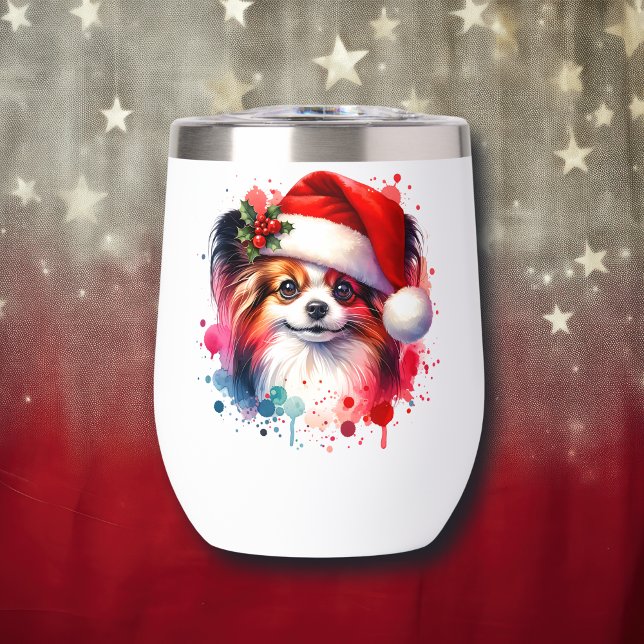 Papillon Dog in Santa Hat Christmas Personalized Thermal Wine Tumbler (Creator Uploaded)