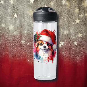 Papillon Dog in Santa Hat Christmas Personalized Water Bottle