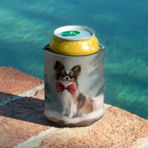 Papillon Dog in Snow Christmas Can Cooler
