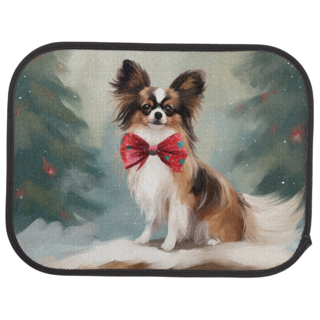 Papillon Dog in Snow Christmas  Car Floor Mat (Rear)