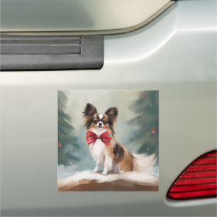 Papillon Dog in Snow Christmas Car Magnet