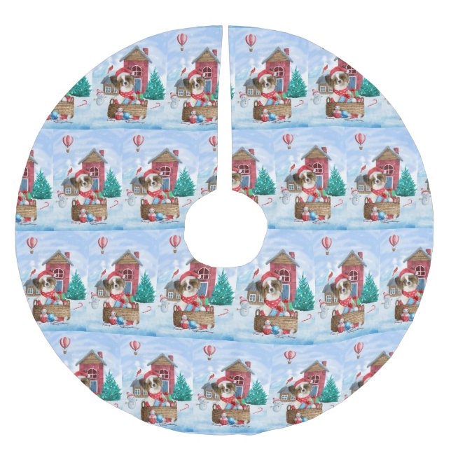 Papillon Dog In snow Christmas Dog House Brushed Polyester Tree Skirt (Front)