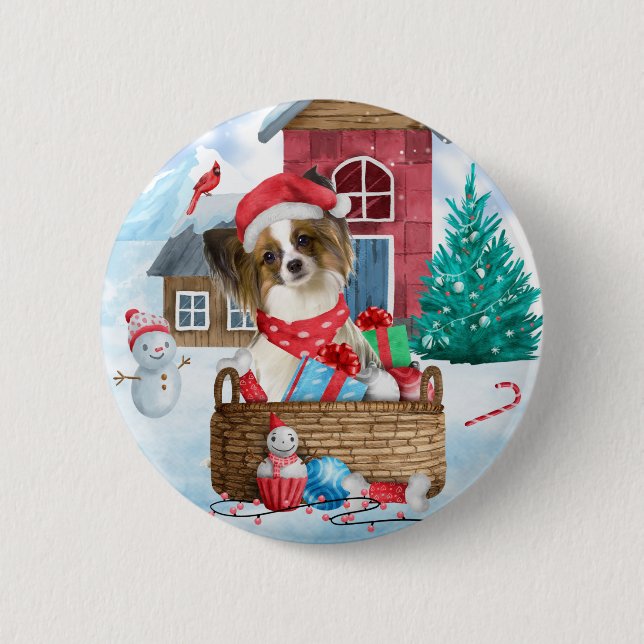 Papillon Dog In snow Christmas Dog House Button (Front)