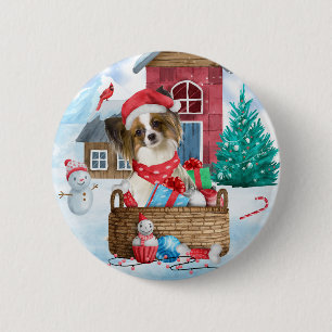 Papillon Dog In snow Christmas Dog House Button