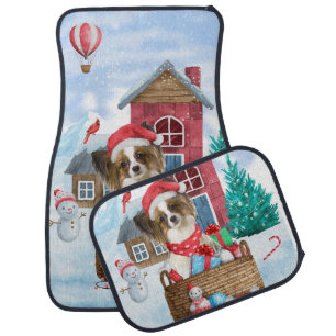 Papillon Dog In snow Christmas Dog House Car Floor Mat