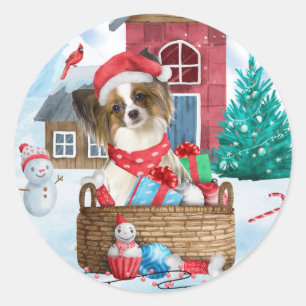 Papillon Dog In snow Christmas Dog House Classic Round Sticker