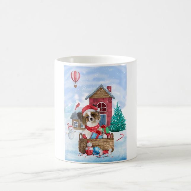 Papillon Dog In snow Christmas Dog House  Coffee Mug (Center)