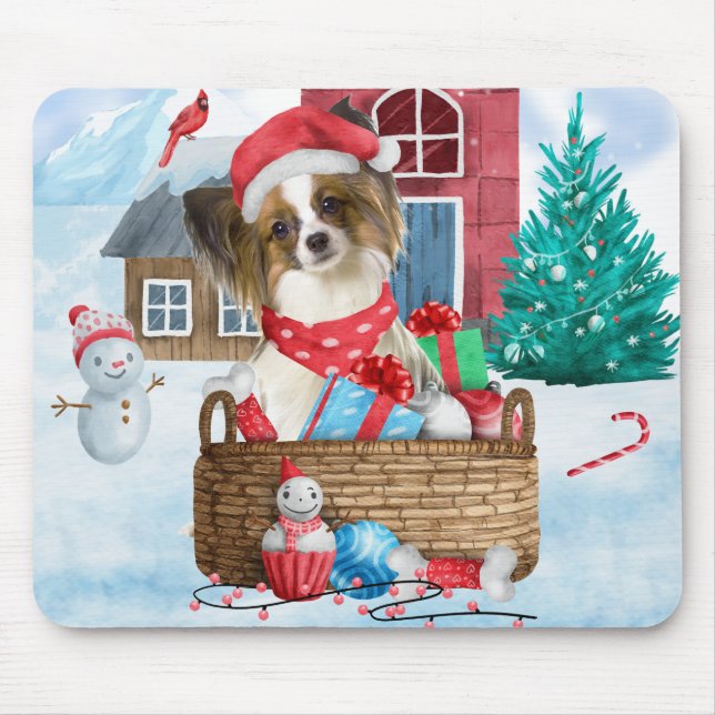 Papillon Dog In snow Christmas Dog House Mouse Pad (Front)