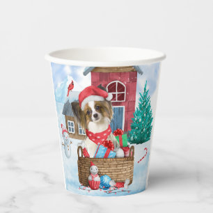 Papillon Dog In snow Christmas Dog House Paper Cups