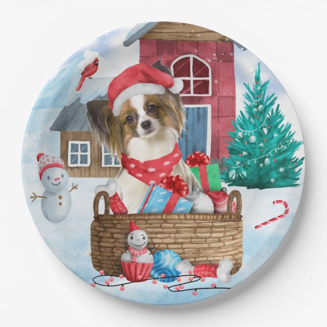 Papillon Dog In snow Christmas Dog House Paper Plates (Front)