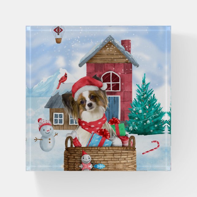 Papillon Dog In snow Christmas Dog House Paperweight (Front)