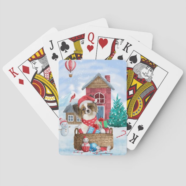 Papillon Dog In snow Christmas Dog House Poker Cards (Back)