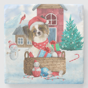 Papillon Dog In snow Christmas Dog House Stone Coaster
