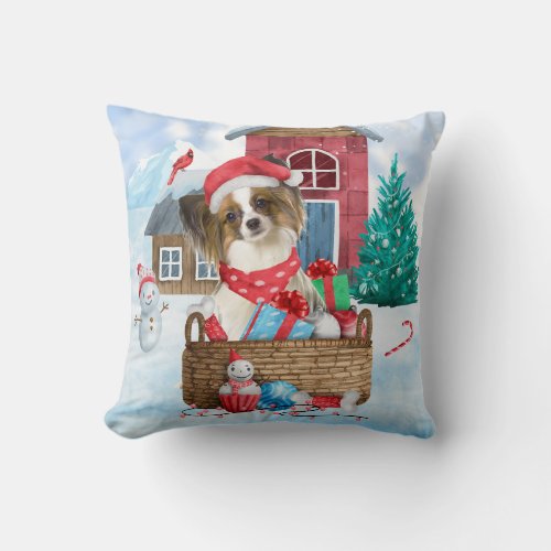 Papillon Dog In snow Christmas Dog House Throw Pillow