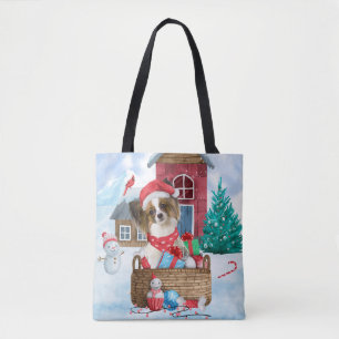 Papillon Dog In snow Christmas Dog House Tote Bag