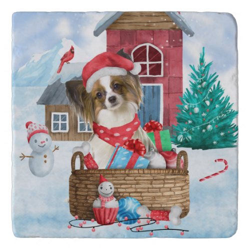 Papillon Dog In snow Christmas Dog House Trivet