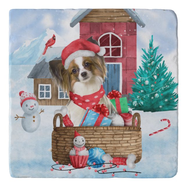 Papillon Dog In snow Christmas Dog House Trivet (Front)