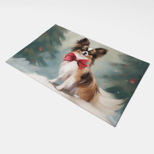 Papillon Dog in Snow Christmas Doormat