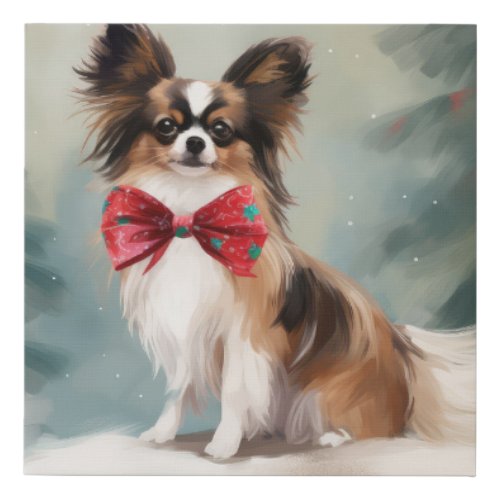 Papillon Dog in Snow Christmas  Faux Canvas Print