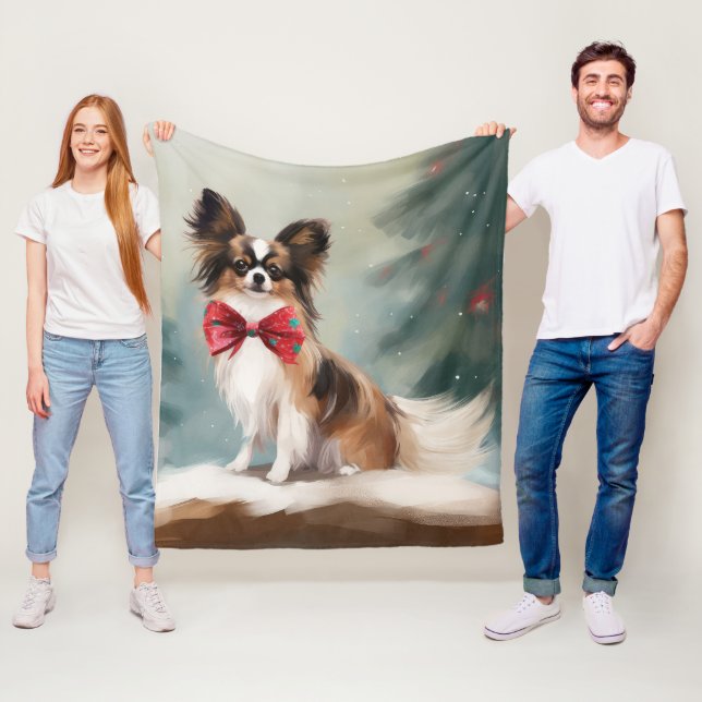 Papillon Dog in Snow Christmas  Fleece Blanket (In Situ)