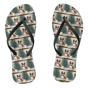Papillon Dog in Snow Christmas Flip Flops