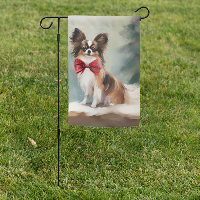 Papillon Dog in Snow Christmas  Garden Flag (In SItu)