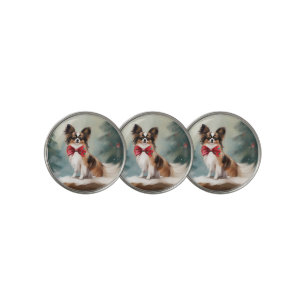 Papillon Dog in Snow Christmas Golf Ball Marker