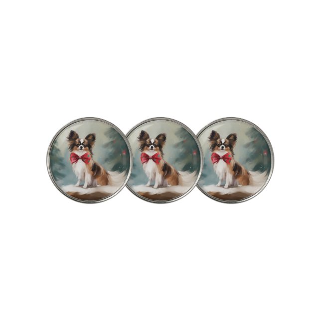 Papillon Dog in Snow Christmas  Golf Ball Marker (3 Up)