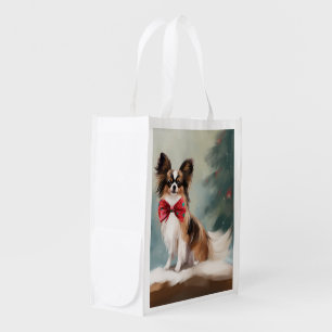 Papillon Dog in Snow Christmas Grocery Bag
