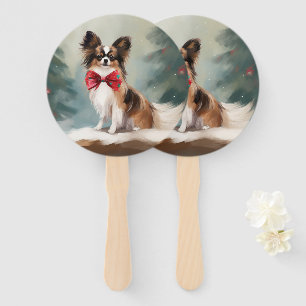 Papillon Dog in Snow Christmas Hand Fan