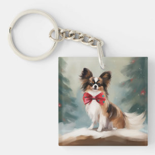 Papillon Dog in Snow Christmas Keychain