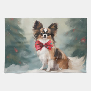 Papillon Dog in Snow Christmas Kitchen Towel