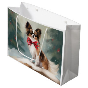 Papillon Dog in Snow Christmas Large Gift Bag