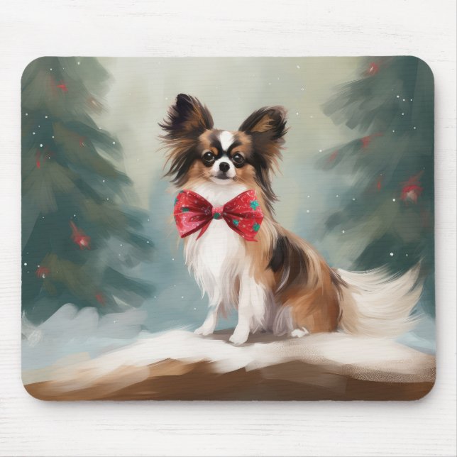 Papillon Dog in Snow Christmas  Mouse Pad (Front)