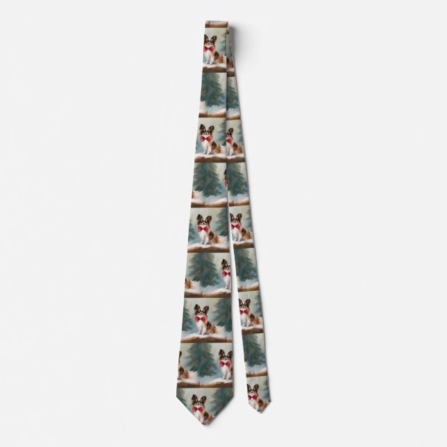 Papillon Dog in Snow Christmas  Neck Tie (Front)