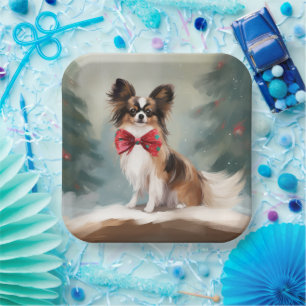 Papillon Dog in Snow Christmas Paper Plates
