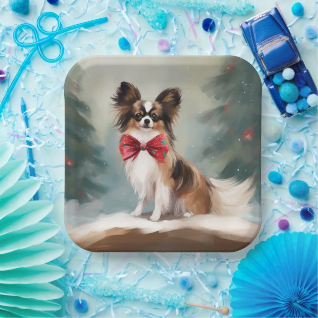 Papillon Dog in Snow Christmas  Paper Plates (Party)